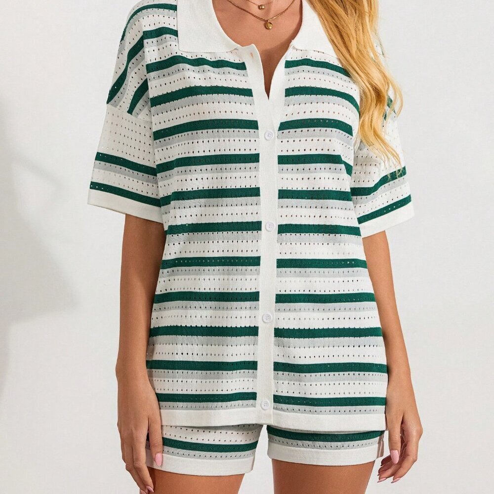 Dark Green Casual Women's Stripe Button Crochet Knit Tops And Shorts Sets - Picture 8 of 10
